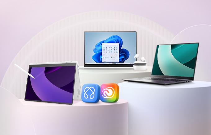 노트북 3대와 버즈 이어폰이 원형 단상위에 놓여있으며 다양한 모델컷을 보여주고 있습니다.